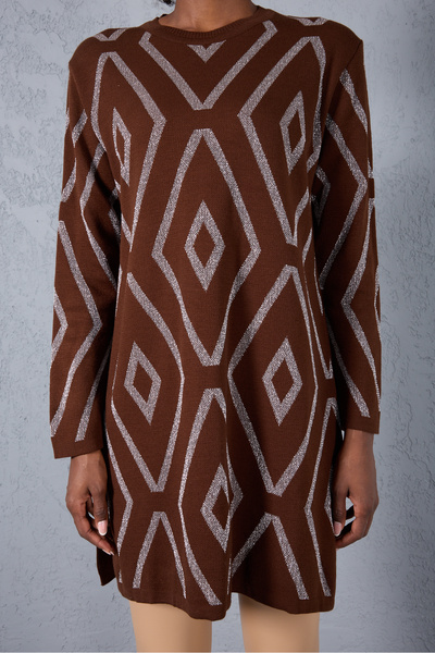 Moda Days Women's Bitter Brown Yan Slit Crew Neck Glitter Patterned Knitwear Blouse