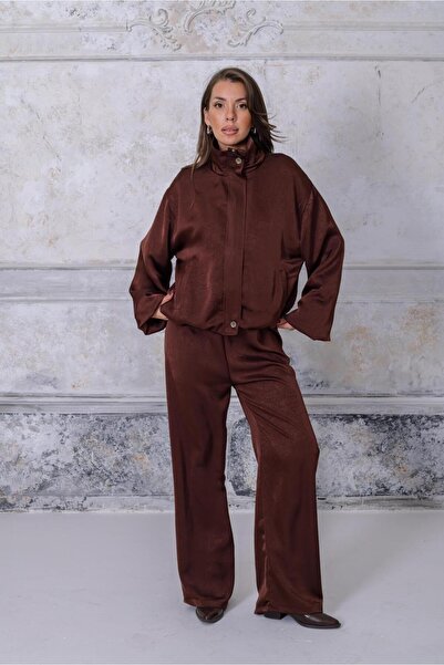 Suziş Satin Lining Bomber Jacket and Palazzo Model Pants Set Key36800
