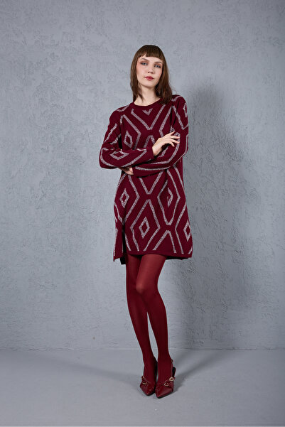 Moda Days Women's Burgundy Yan Slit Crew Neck Glitter Patterned Knitwear Blouse