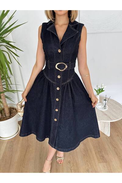 Misscix Kadın Abiye Boydan Boya Düğmeli Kloş Etekli Denim Kumaş Kemerli Midi ...