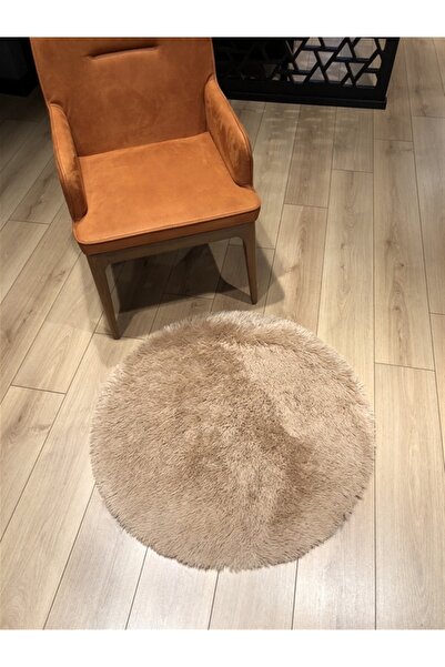 Halımax Tavşan Tüyü Kaymaz Tabanlı Bej Yuvarlak Dekoratif Post Peluş Halı Yatak Odası Koridor Halısı