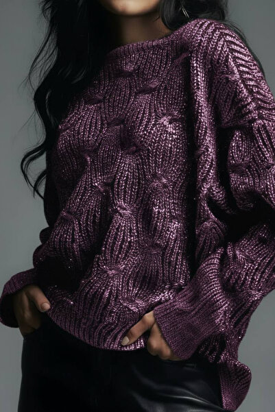 oshebu Kadın Kayık Yaka Varaklı Oversıze Triko Kazak