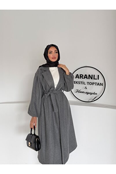 hacer ayaydın Belted Balloon Sleeve Basic Hijab Coat / Medium Length Women's Hijab Coat