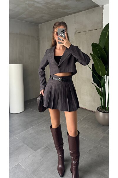 Lila Moda Striped Crop Jacket Belted Lined Pleated Skirt Set