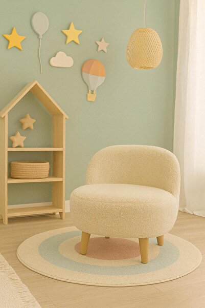 ZİERRA Teddy Yumuşak Peluş Kumaş krem Renginde Rahat Çocuk Koltuğu Doğal Ahşa...