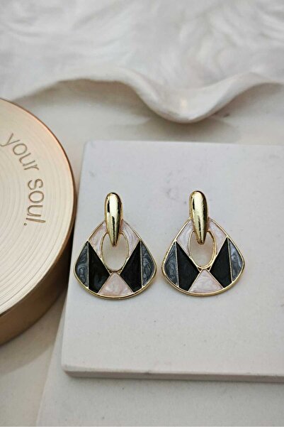 KYOLA DESİGN Beyaz Siyah Gri Mineli Kadın Gold Küpe