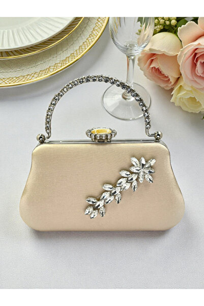 Biçanta Skin Nude Color Glitter Satin Crystal Stone Handle Women Evening Dress Bag Wedding Engagement Graduation