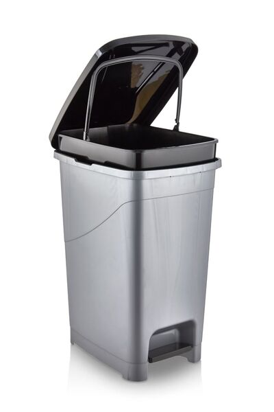 FORSACE سلة مهملات للحمام والمطبخ بسعة 40 لتر مع دواسة، لون رمادي مع غطاء أسود، سلة نحيفة بدواسة، لون رمادي