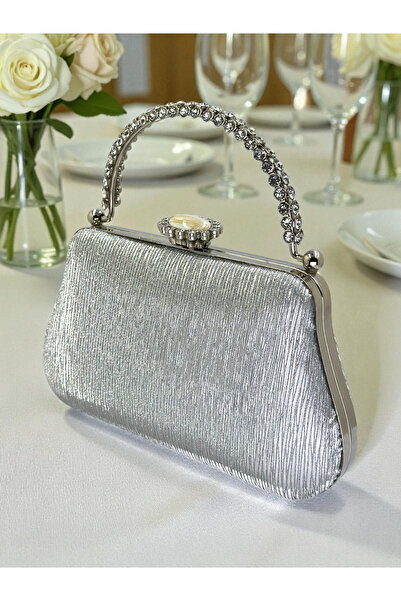 Biçanta Silver Gray Laser Striped Patterned Evening Dress Bag Night Wedding Engagement Graduation Portfolio