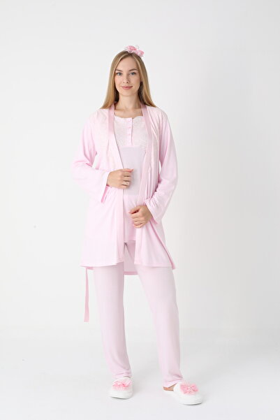 Lohussa Women's Pink Lace Detailed Long Sleeve Special Design Maternity Pajama Set