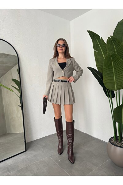 Lila Moda Striped Crop Jacket Belted Lined Pleated Skirt Set