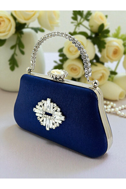 Biçanta Синя сумочка з блискітками, атласом, кришталевими камінцями та ручкою для вечірнього вбрання, весілля, заручини, випускний