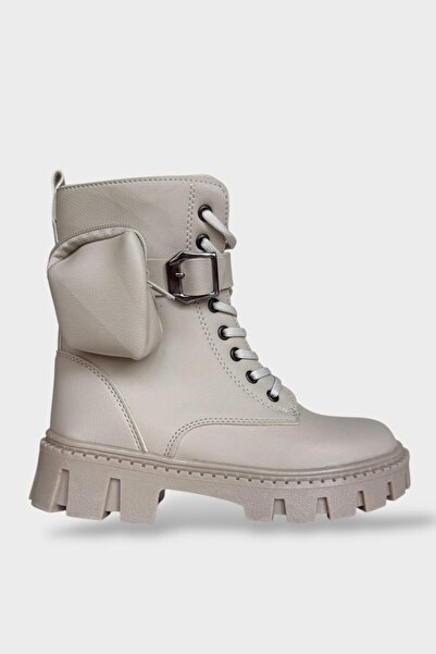 Liger Women's Bag Detail High Thick Sole Lace-Up Zippered Boots Beige