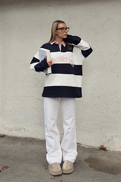 Swist Синій New Port вишитий поло з коміром-стійкою, смугастий, з бавовняною підкладкою, жіночий світшот