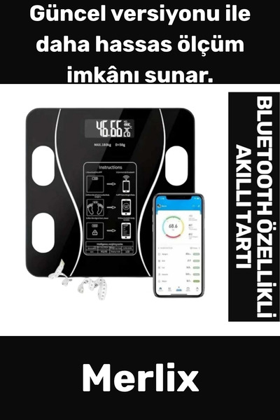 Merlix Premium Lcd Ekran Kas Kitle Vücut Analiz Yağı Kemik Kütle Ölçer Blutoo...