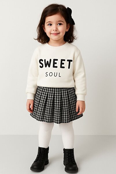 nazarbebe Girl's Sweet Soul Printed Sweatshirt Skirt Set Black and White – Stylish Casual Combination
