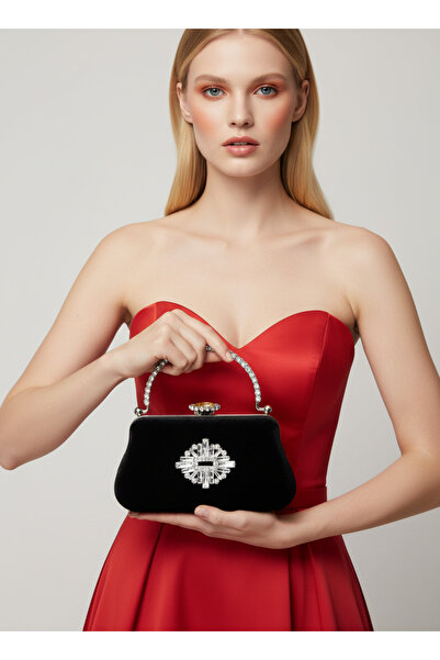 Biçanta Black Color Glitter Satin Crystal Stone Handle Women Evening Dress Bag Wedding Engagement Graduation