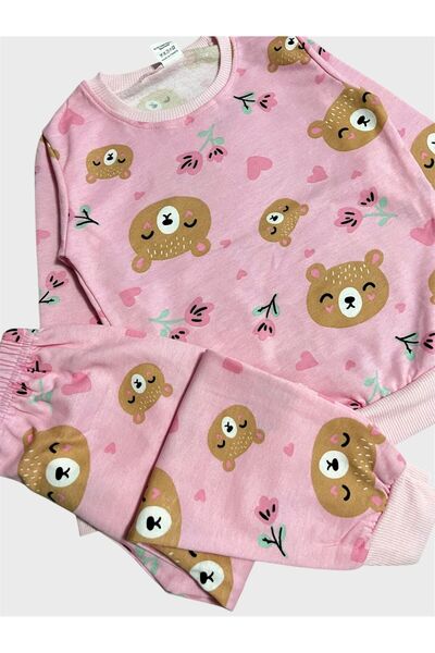 ALİŞ KİDS Girl's Cotton Fleece-Lined Pink Teddy Bear Patterned Long Sleeve Winter Pajamas Set