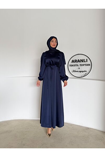 Aranlı tekstil Μπαλόνι μανίκι Σατέν Hijab Oversize Piping ζωσμένο φόρεμα Hijab