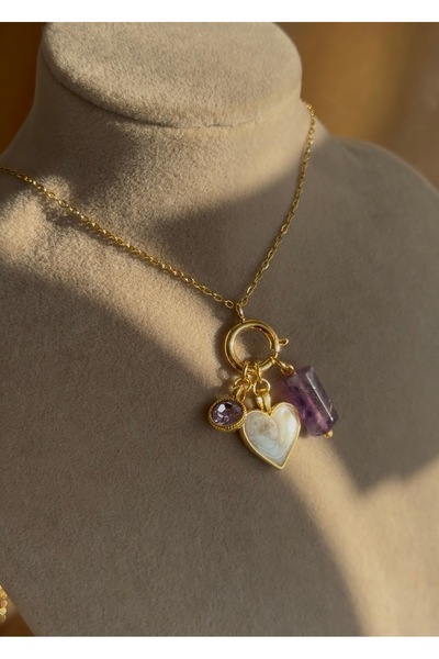 Nour Co Ametist Kalp Charm Çelik Kolye