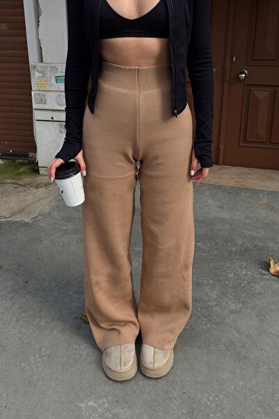 Swist Vizon Yüksek Bel Beli Lastikli Kadın Triko Pantolon