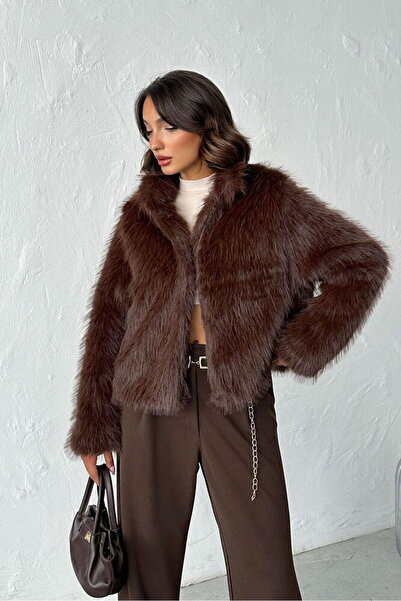 Caddebostan Moda Тъмнокафяво дамско палто от изкуствена кожа Модерно луксозно яке с модерен дизайн