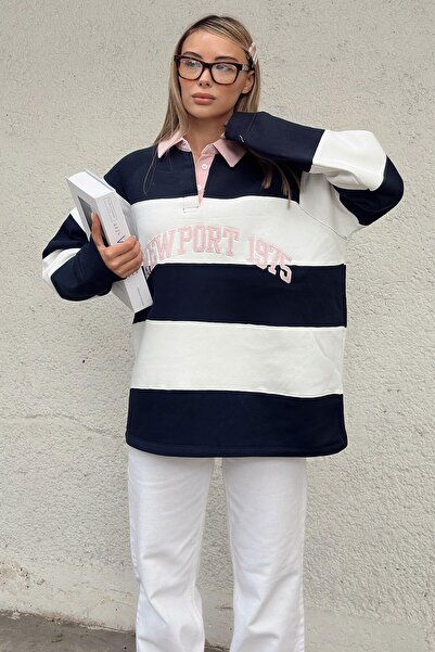 Swist Синій New Port вишитий поло з коміром-стійкою, смугастий, з бавовняною підкладкою, жіночий світшот