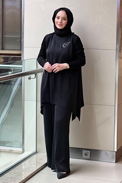 Nuss Tunic Pants Cupra Set with Knitwear Sleeves and Stone Brooch