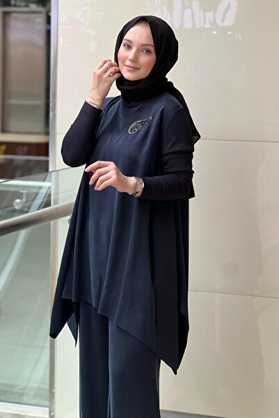 Nuss Tunic Pants Cupra Set with Knitwear Sleeves and Stone Brooch