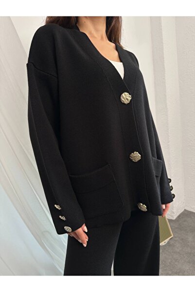 manana fashion Gold Buttoned Special Design Knitwear Cardigan Trouser Set