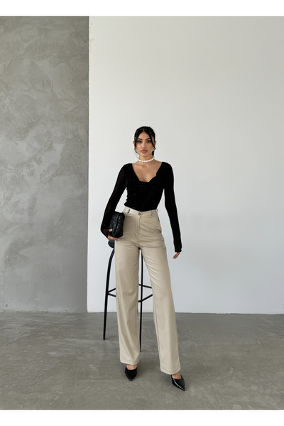 Pophlin Bej Palazzo Deri Pantolon