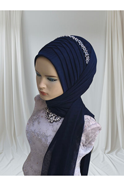 Nuray hazır duvak Accessories Included Dark Navy Blue Stretchy Fabric Ready-Made Veil Ready-Made Shawl Ready-Made Turban