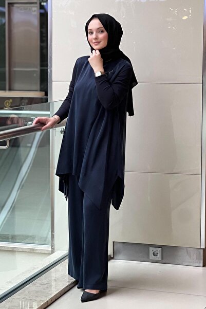 Nuss Tunic Pants Cupra Set with Knitwear Sleeves and Stone Brooch