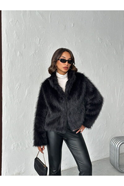 Caddebostan Moda Black Women's Faux Faux Fur Coat Modern Premium Design Jacket