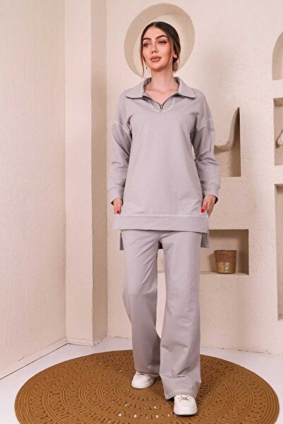 aytenli Polo Collar Half Zipper Closure Reverse Stitch Detail Single Jersey Sports Casual Suit