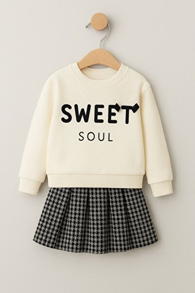 nazarbebe Girl's Sweet Soul Printed Sweatshirt Skirt Set Black and White – Stylish Casual Combination