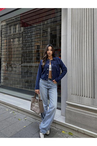 Pophlin Lacivert Kapak Cepli Kısa Ceket