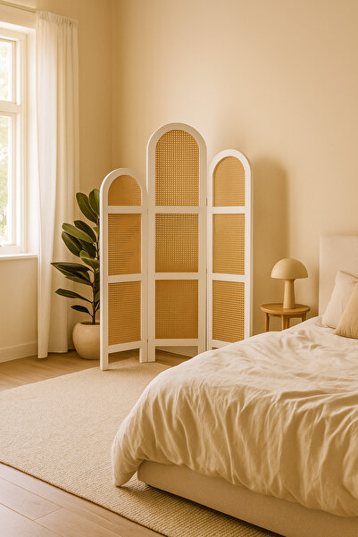 MARIA HOMES 3-Panel Rattan Room Divider with White Frame – 121×180 cm Modern Arched Privacy Screen