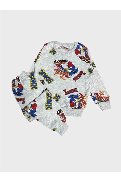 ALİŞ KİDS Boy's Cotton Fleece-Lined Gray Sonic Patterned Long Sleeve Winter Pajamas Set