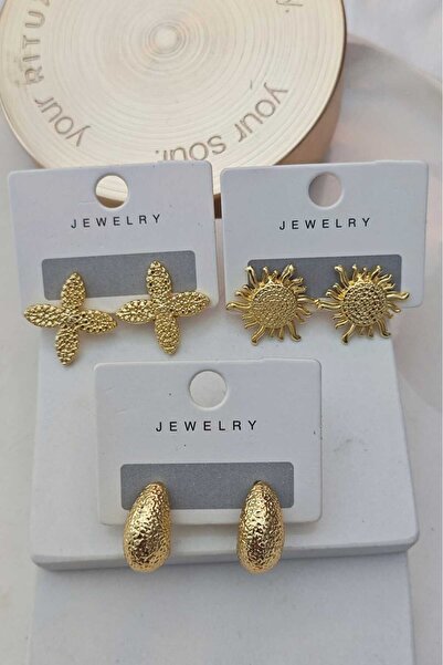 KYOLA DESİGN 3 Pairs Minimalist Women's Gold Earring Set (Sun Clover Drop)