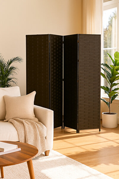 MARIA HOMES 4-Panel Woven Room Divider – 180×180 cm Foldable Privacy Screen in Coffee Brown