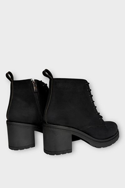 Liger Γυναικείες μπότες με λεπτομέρεια με κορδόνια με φερμουάρ και χοντρό τακούνι ΜΑΥΡΟ - ΚΑΤΑΠΟΥΤΟ