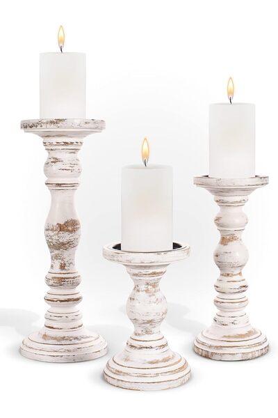 Generic Luxe Designs 3-Piece Tall Wooden Taper Candle Holder Set (White Rustic)