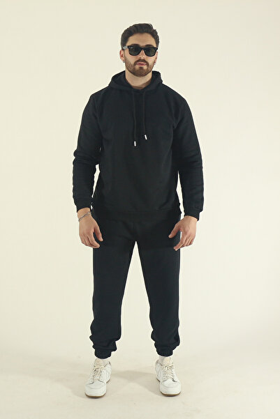 EydaMoon Men's Winter Tracksuit Set Hooded Sweatshirt Jogger - Black Regular Elastic Leg