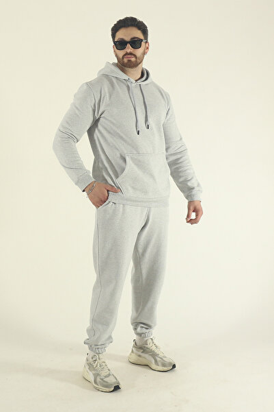 EydaMoon Ανδρικό χειμερινό σετ αθλητικής φόρμας Kangaroo Pocket Sweatshirt Jogger - Γκρι κανονικό ελαστικό πόδι