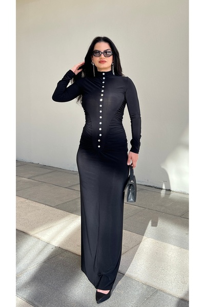 Butik SİYAH DÜĞMELİ BÜZGÜLÜ ELBİSE