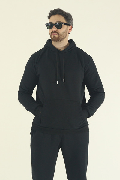 EydaMoon Men's Winter Tracksuit Set Kangaroo Pocket Sweatshirt Jogger - Black Regular Elasticated Leg