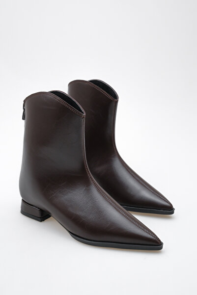 Long Star Kadın Suni Deri Sivri Burun Kısa Topuklu Kovboy Fermuarlı Günlük ve Ofis Bot Kahve