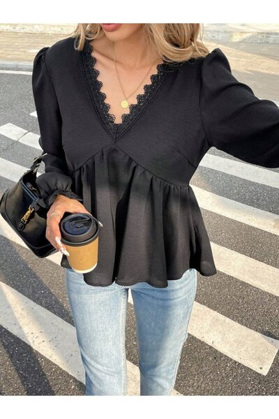 buğrahayalin Women's Long Sleeve V Lace Neck Aerobin Blouse