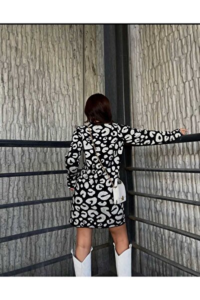 Lovely butik Black and White Leopard Print Soft Textured Knitwear Mini Dress Long Sleeve Winter Sweater Dress